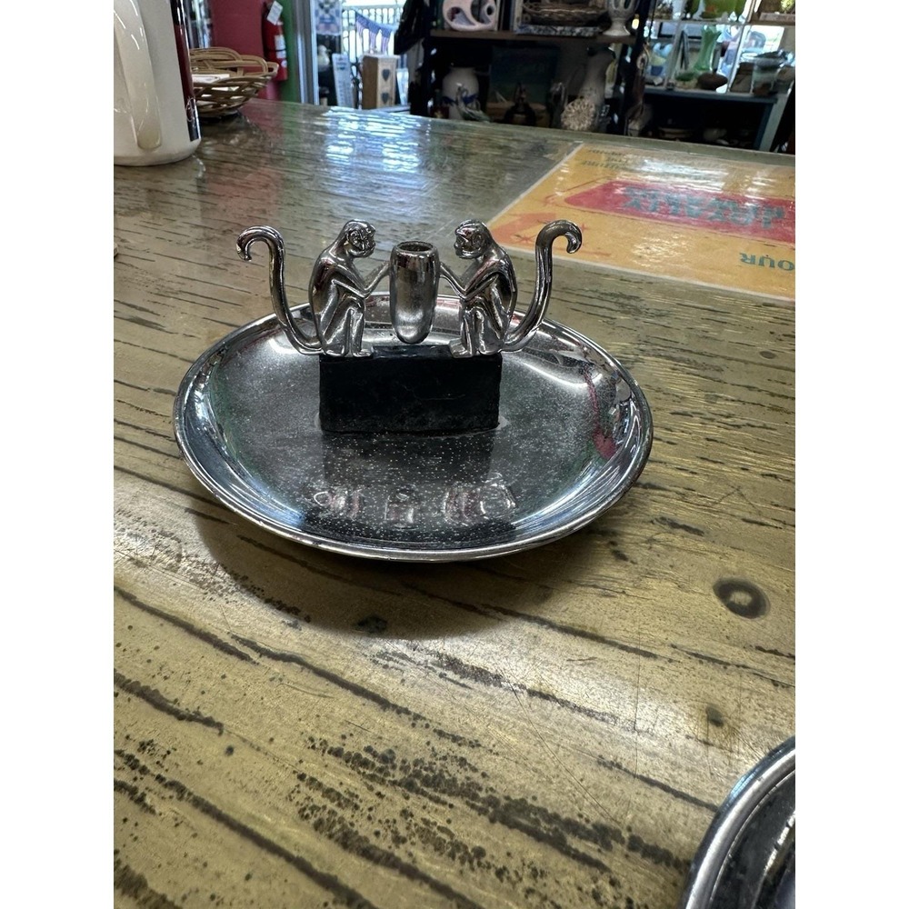 Vtg Hamilton Art Metal Co Pincherette Double Monkey Ashtray With Snuffer Chrome